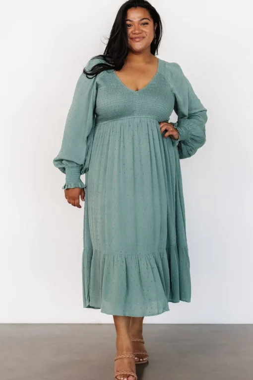 Lainey Smocked Dotted Midi Dress | Dark Sage