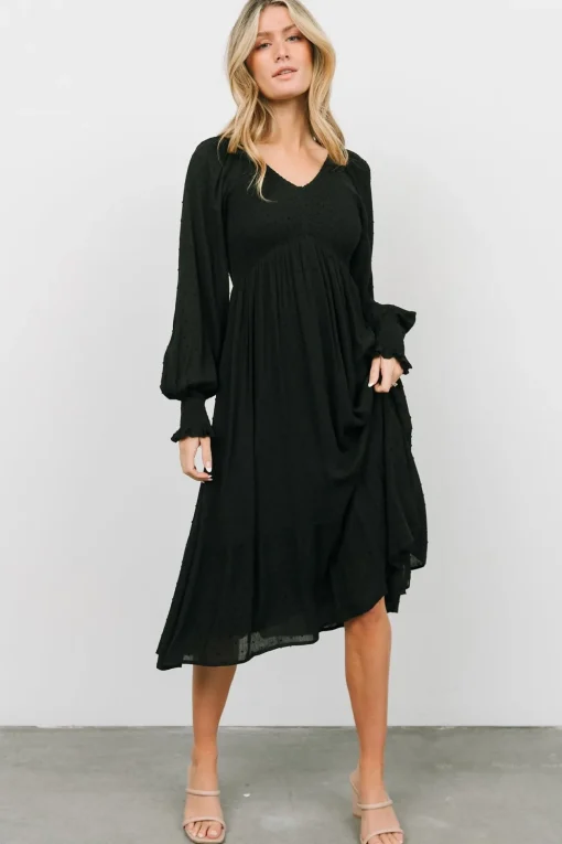 Lainey Smocked Dotted Midi Dress | Black