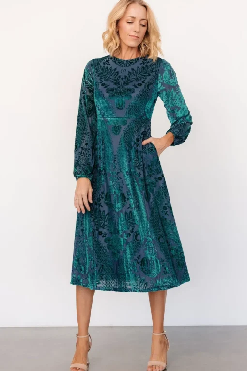Lorielle Velvet Midi Dress | Emerald Print