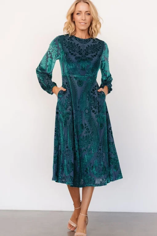 Lorielle Velvet Midi Dress | Emerald Print