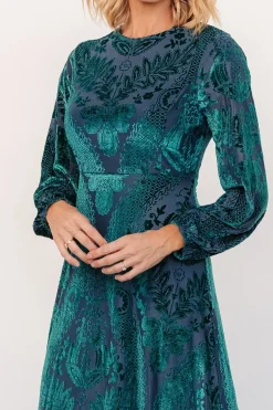 Lorielle Velvet Midi Dress | Emerald Print