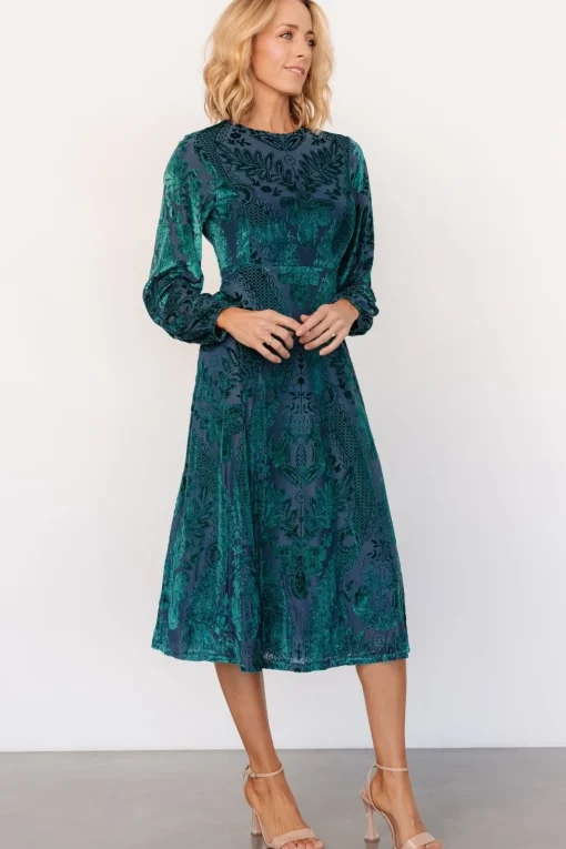 Lorielle Velvet Midi Dress | Emerald Print