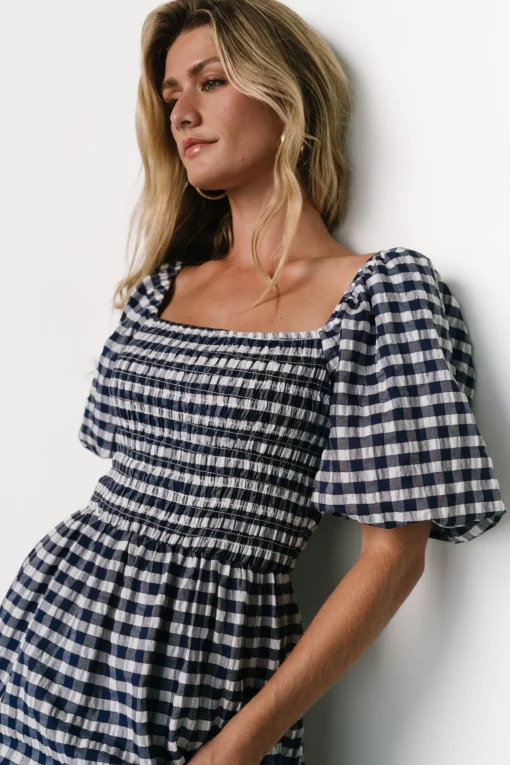 Lyndy Smocked Dress | Off White + Blue Gingham