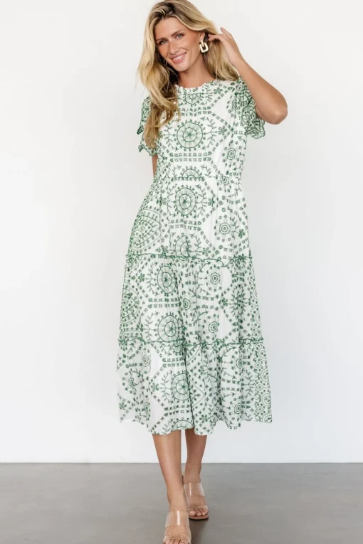 Mirabel Eyelet Midi Dress | White + Green