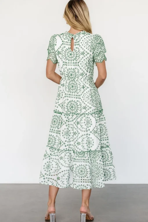 Mirabel Eyelet Midi Dress | White + Green