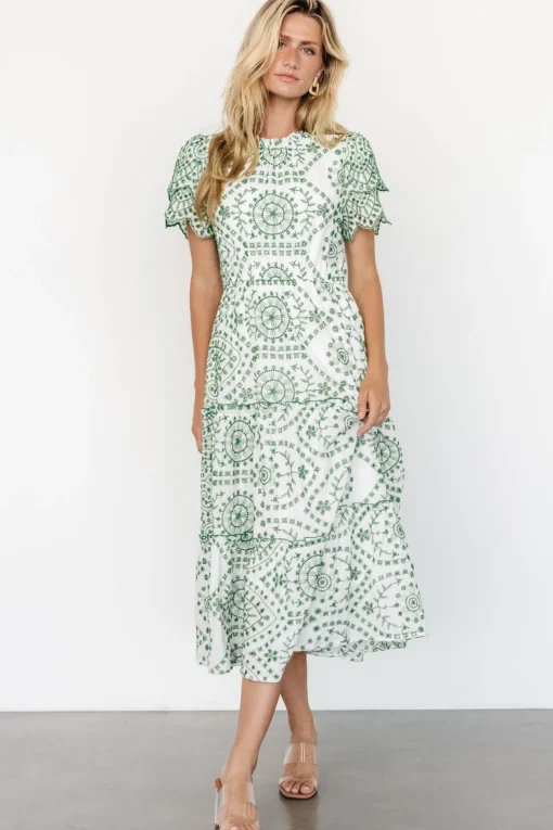 Mirabel Eyelet Midi Dress | White + Green