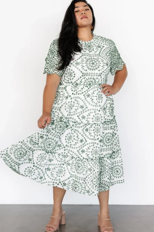 Mirabel Eyelet Midi Dress | White + Green