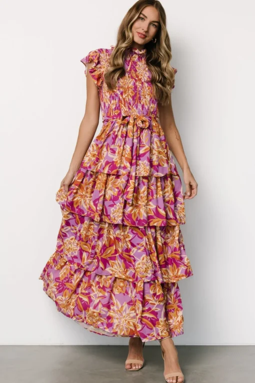 Mya Smocked Maxi Dress | Orchid + Gold Print