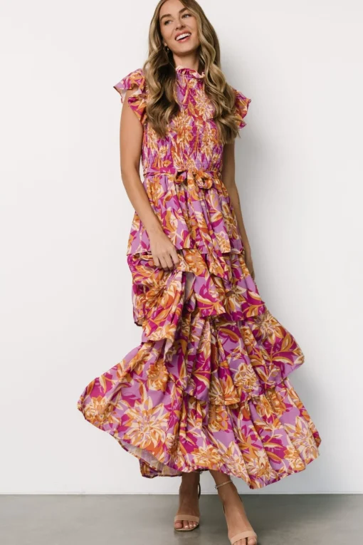 Mya Smocked Maxi Dress | Orchid + Gold Print