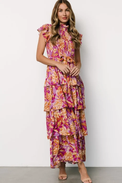 Mya Smocked Maxi Dress | Orchid + Gold Print