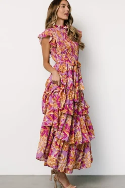 Mya Smocked Maxi Dress | Orchid + Gold Print