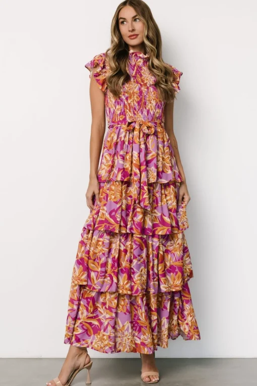 Mya Smocked Maxi Dress | Orchid + Gold Print
