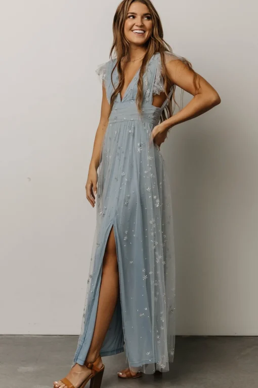 Nova Shimmer Maxi Dress | Dusty Blue + Silver