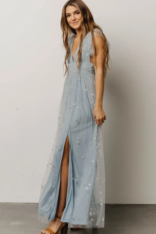Nova Shimmer Maxi Dress | Dusty Blue + Silver