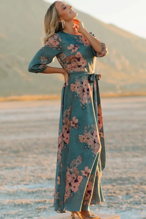 Paula Satin Maxi Dress | Blue + Pink Multi