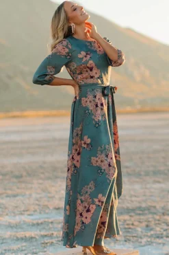 Paula Satin Maxi Dress | Blue + Pink Multi