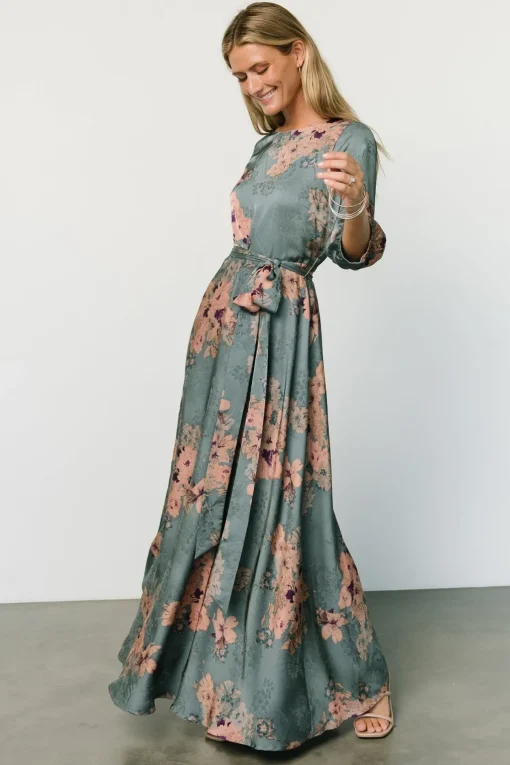 Paula Satin Maxi Dress | Blue + Pink Multi