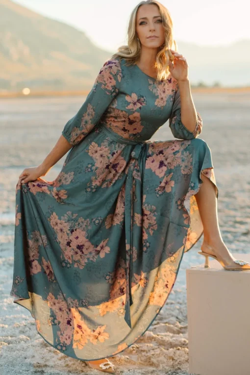 Paula Satin Maxi Dress | Blue + Pink Multi