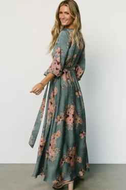 Paula Satin Maxi Dress | Blue + Pink Multi