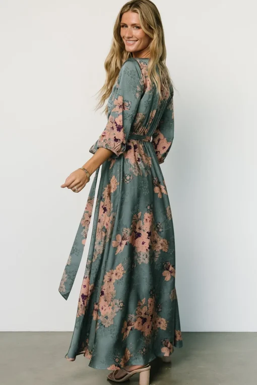 Paula Satin Maxi Dress | Blue + Pink Multi