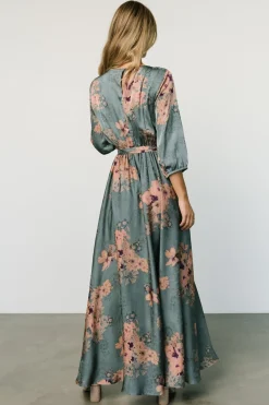 Paula Satin Maxi Dress | Blue + Pink Multi