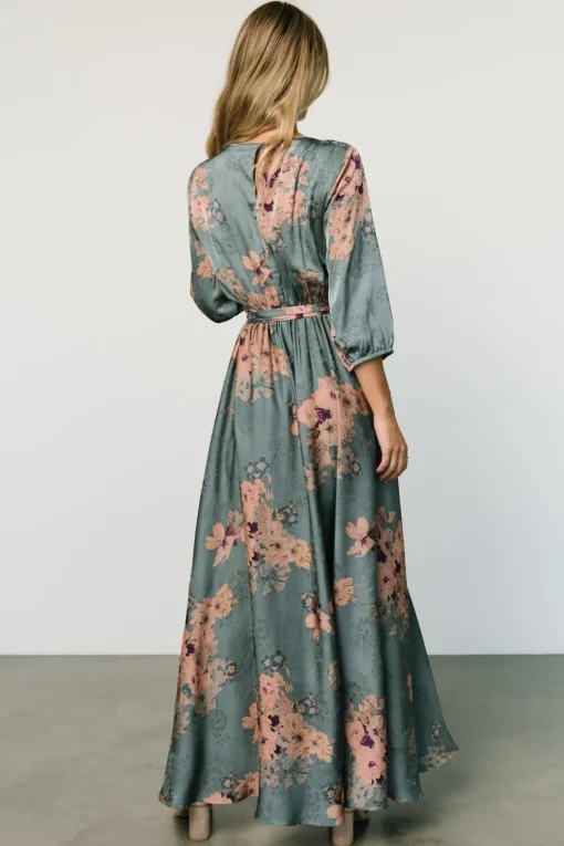 Paula Satin Maxi Dress | Blue + Pink Multi