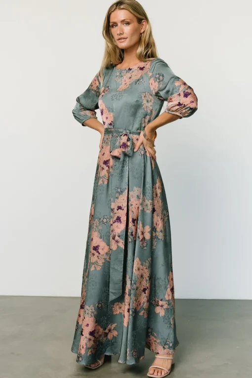 Paula Satin Maxi Dress | Blue + Pink Multi