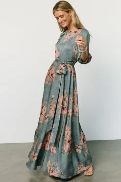 Paula Satin Maxi Dress | Blue + Pink Multi