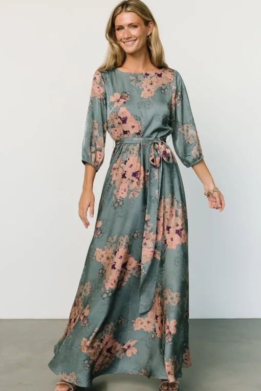 Paula Satin Maxi Dress | Blue + Pink Multi