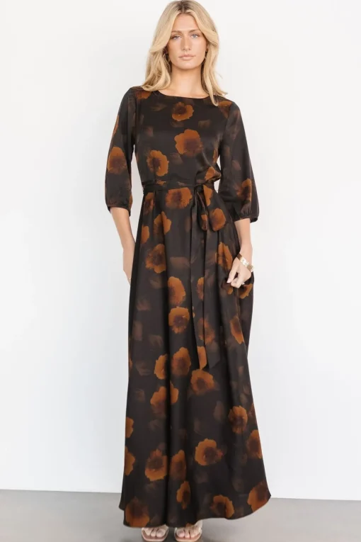 Paula Satin Maxi Dress | Deep Brown Floral