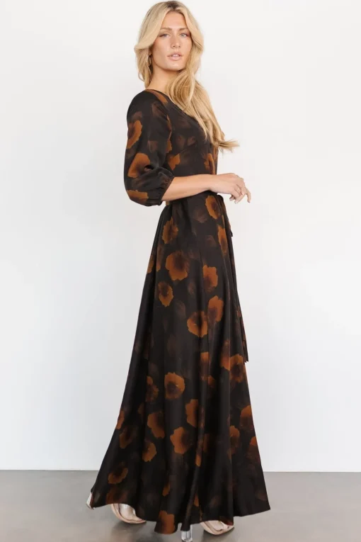 Paula Satin Maxi Dress | Deep Brown Floral