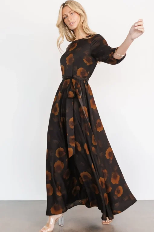 Paula Satin Maxi Dress | Deep Brown Floral