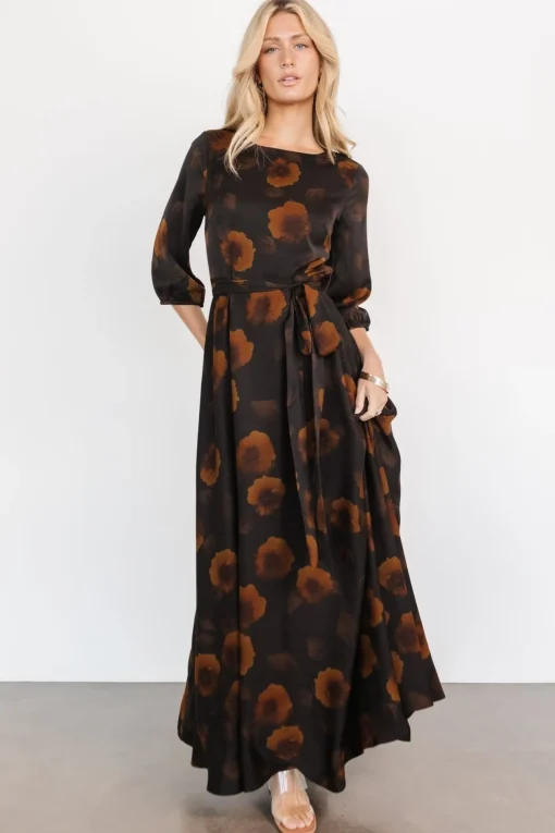 Paula Satin Maxi Dress | Deep Brown Floral