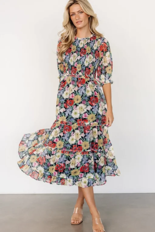Rosalina Smocked Dress | Black Multi Floral