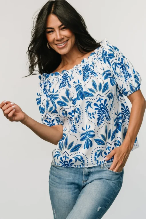 Santorini Off Shoulder Top | White + Blue