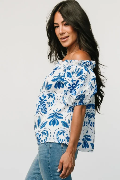 Santorini Off Shoulder Top | White + Blue