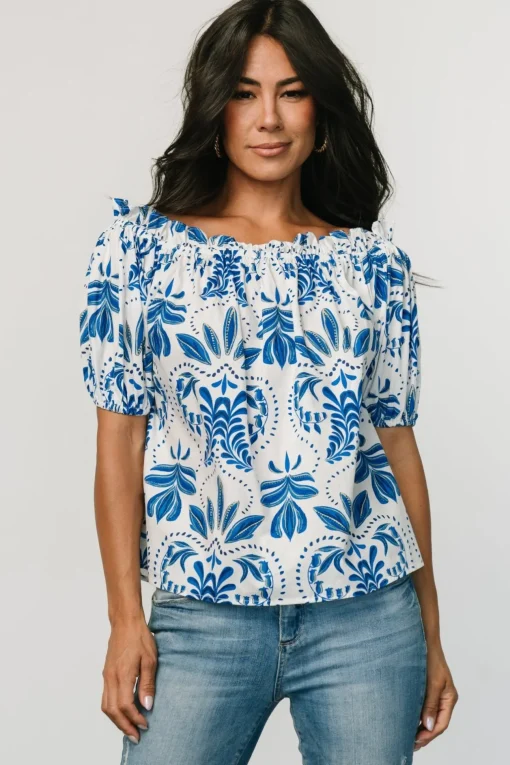 Santorini Off Shoulder Top | White + Blue