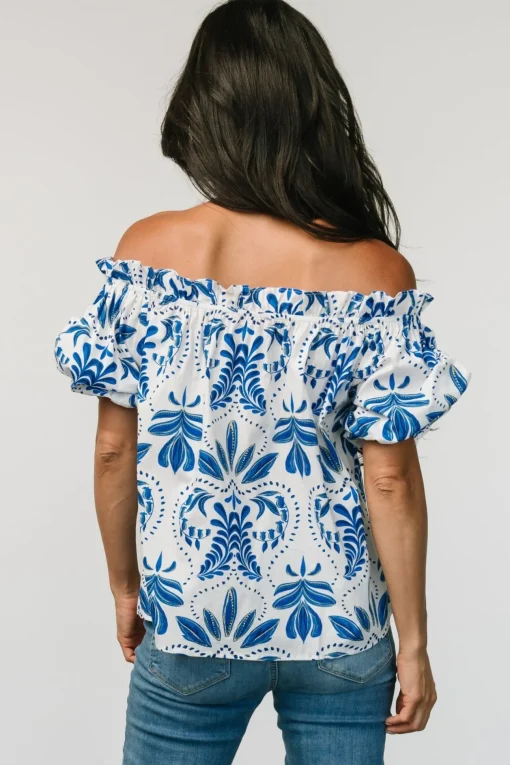 Santorini Off Shoulder Top | White + Blue