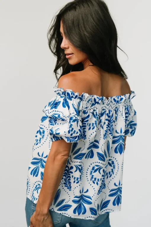 Santorini Off Shoulder Top | White + Blue