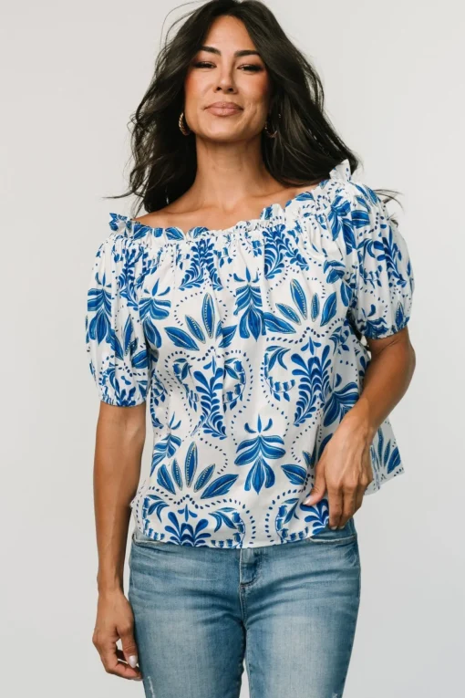 Santorini Off Shoulder Top | White + Blue