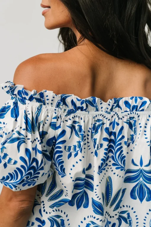 Santorini Off Shoulder Top | White + Blue