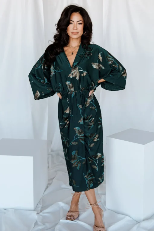 Shaneen Ruched Midi Dress | Jade Floral Shimmer
