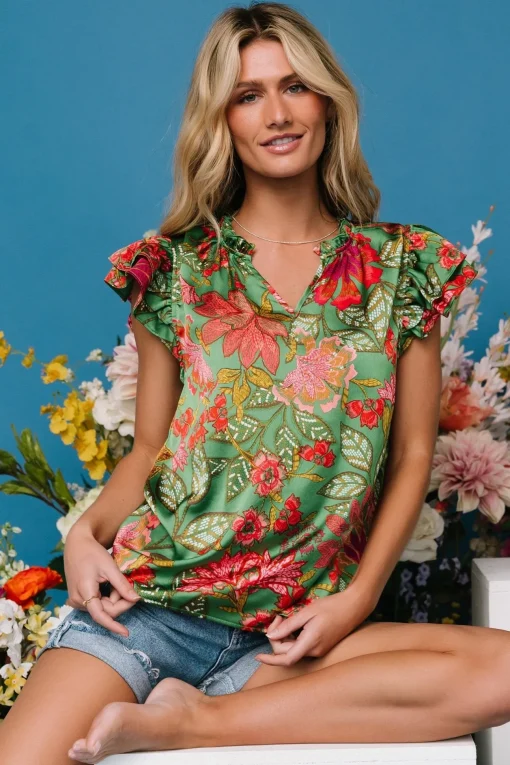 Skyler Ruffle Top | Green Multi