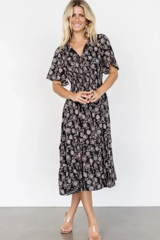 Spell Boho Midi Dress | Black + Taupe Floral