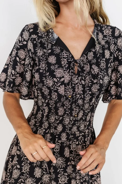 Spell Boho Midi Dress | Black + Taupe Floral