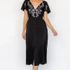 Swan Bead Embroidered Midi Dress | Black