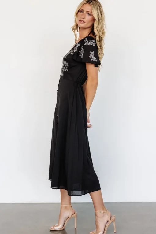 Swan Bead Embroidered Midi Dress | Black