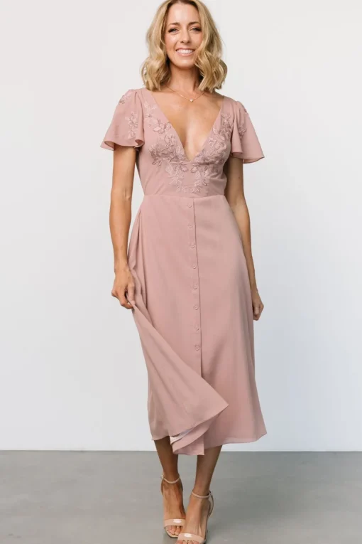 Swan Bead Embroidered Midi Dress | Dusty Rose