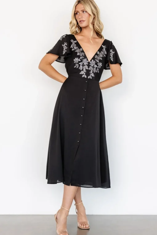 Swan Bead Embroidered Midi Dress | Black