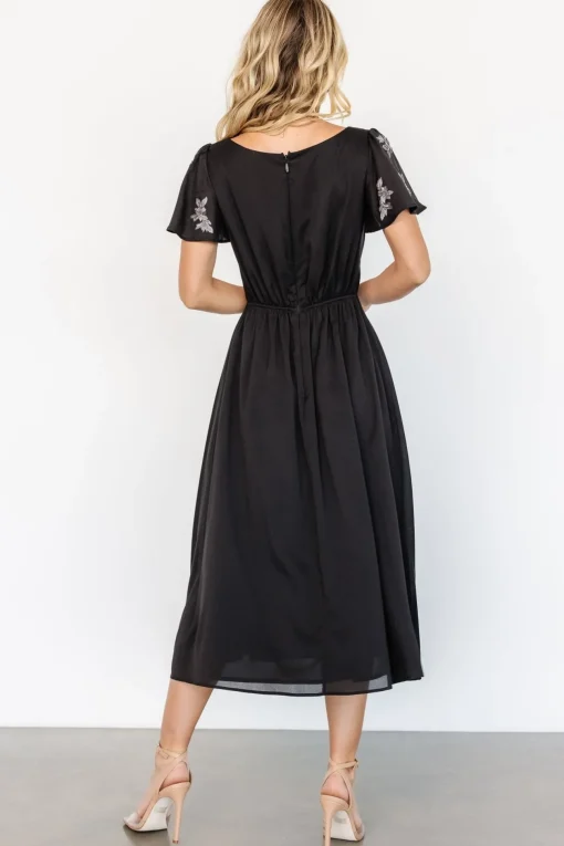 Swan Bead Embroidered Midi Dress | Black
